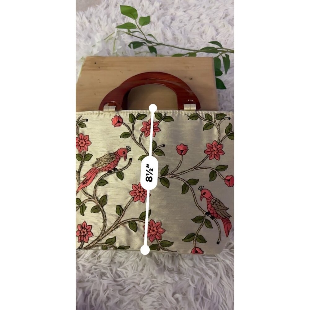 Embroidered Silk Handbag With Bird & Floral Design Wooden Handles Zippered Compa - Picture 15 of 15